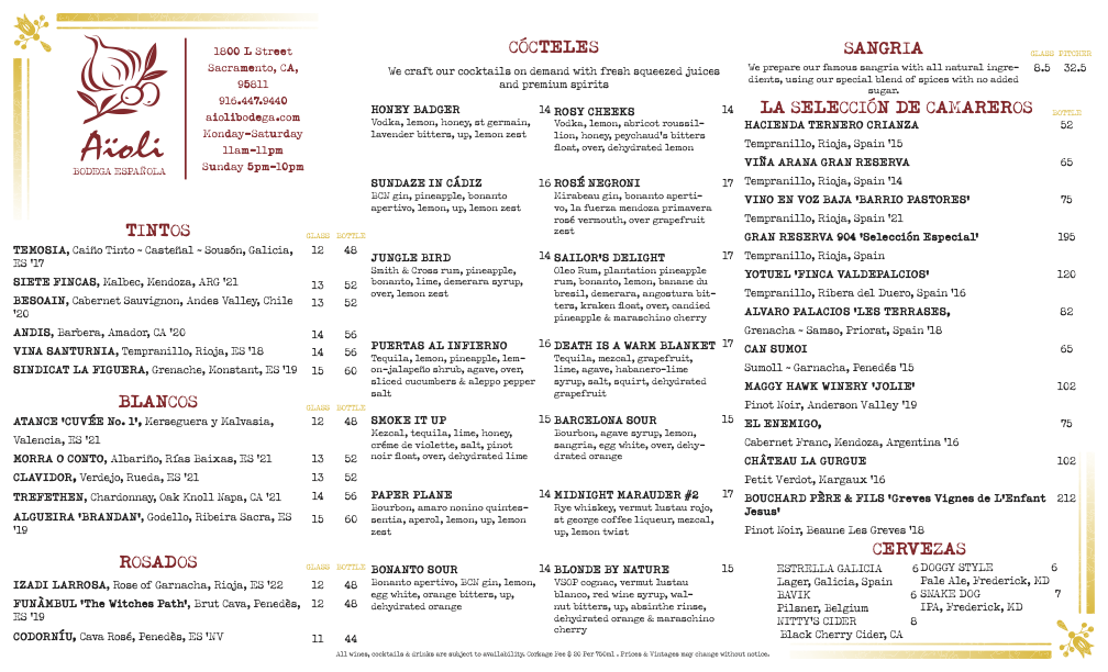 Aioli Drinks Menus for Fall 20203 featuring wines, beers, cocktails, and more. Click to download a PDF of this menu.