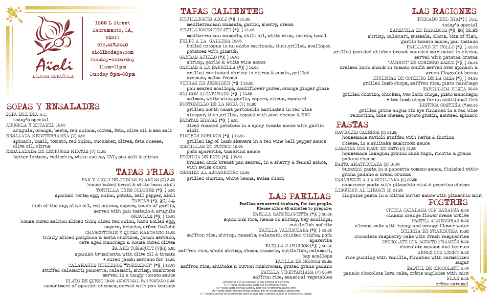 Aioli Dinner Menu for Fall 2023 featuring soups, salads, hot and cold tapas, paellas, shareables, pastas, and desserts.